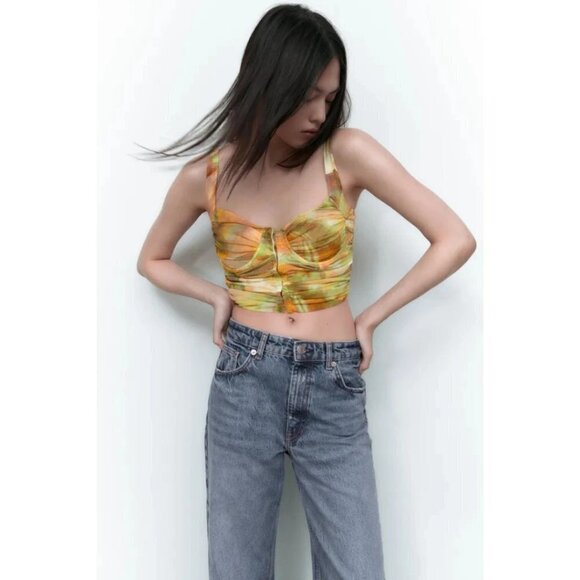 NWOT Zara multicoloured abstract printed tulle corset-inspired crop top, S - Picture 2 of 11